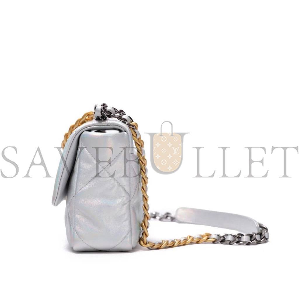 Ch*el iridescent calfskin quilted medium Ch*el 19 flap light gold purple blue as1160 (26*17*8cm)